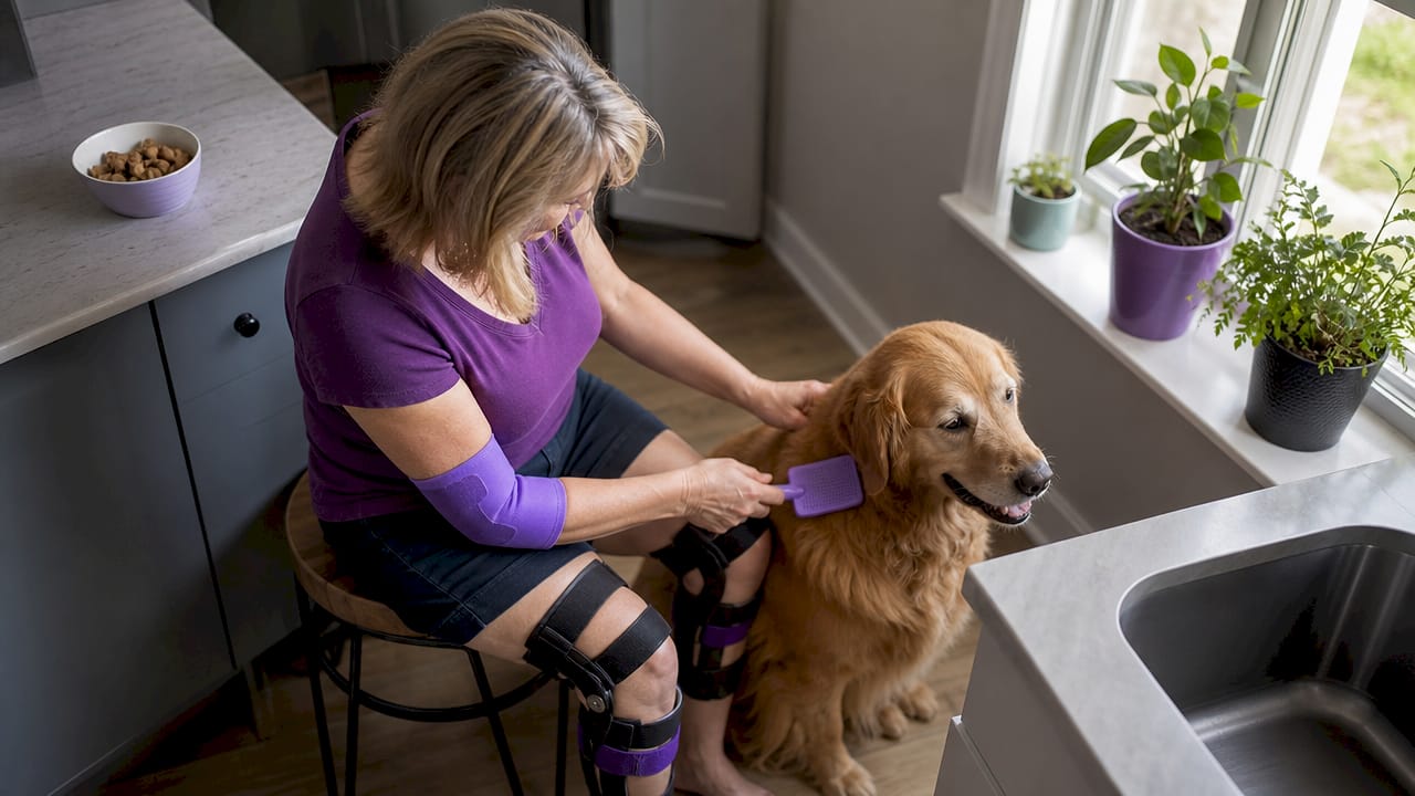 Woman brushing golden retriever in cozy living room