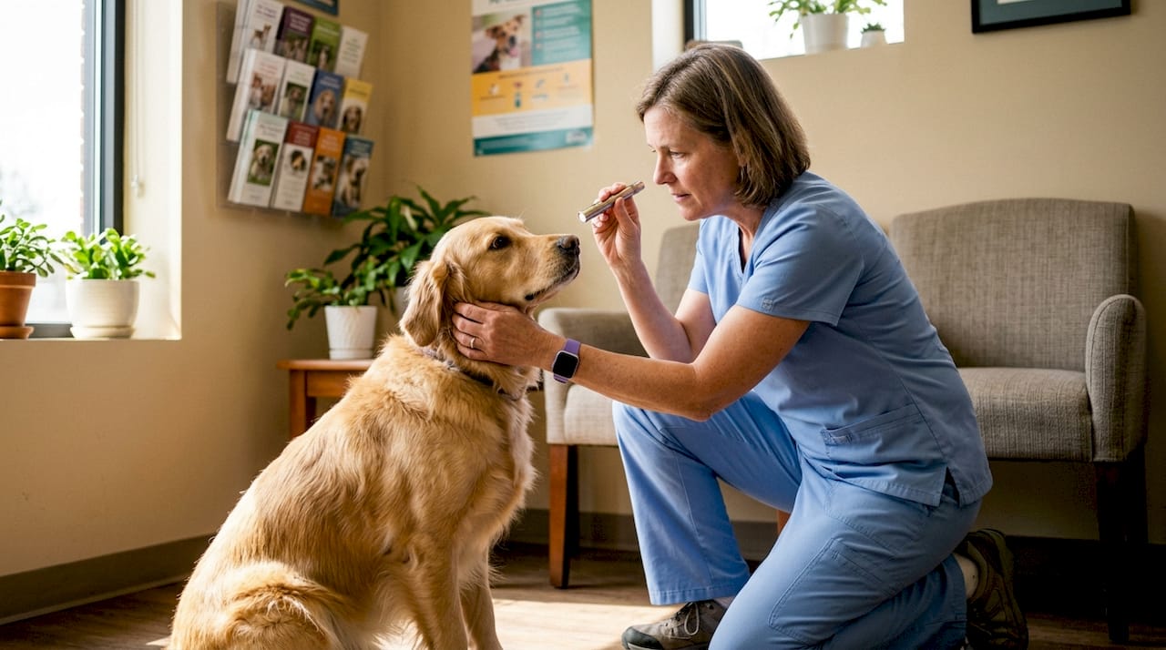 Veterinarian examining golden retriever at clinic