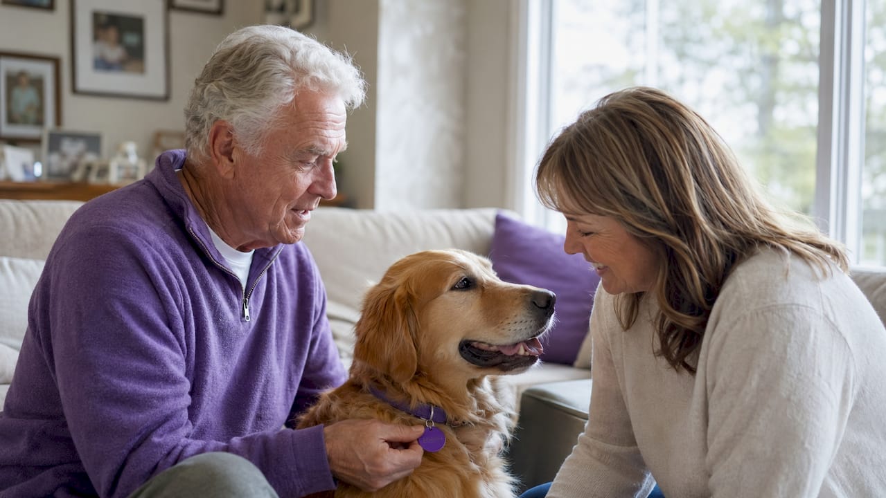 Pet owner showing pet ID tag to caregiver outdoors