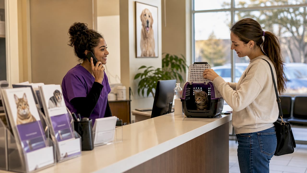 Vet clinic reception with pet welfare support