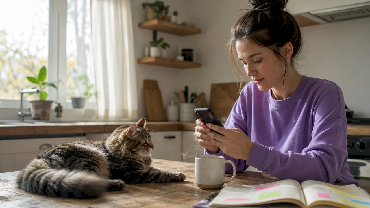 Woman using pet notification app with cat