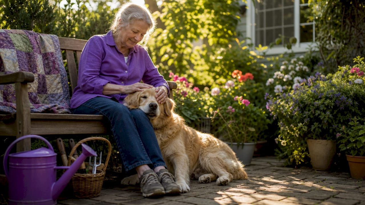Senior woman sitting with golden retriever in living room