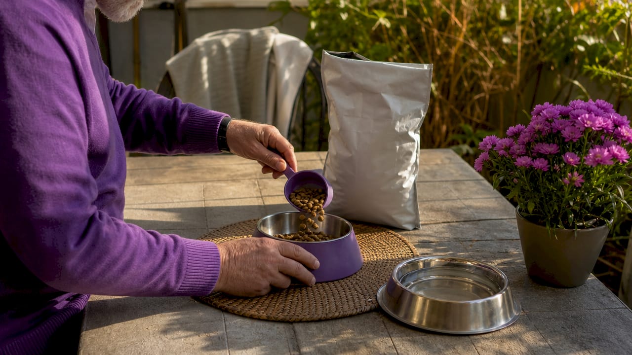 Senior man's hands filling dog food bowl in kitchen