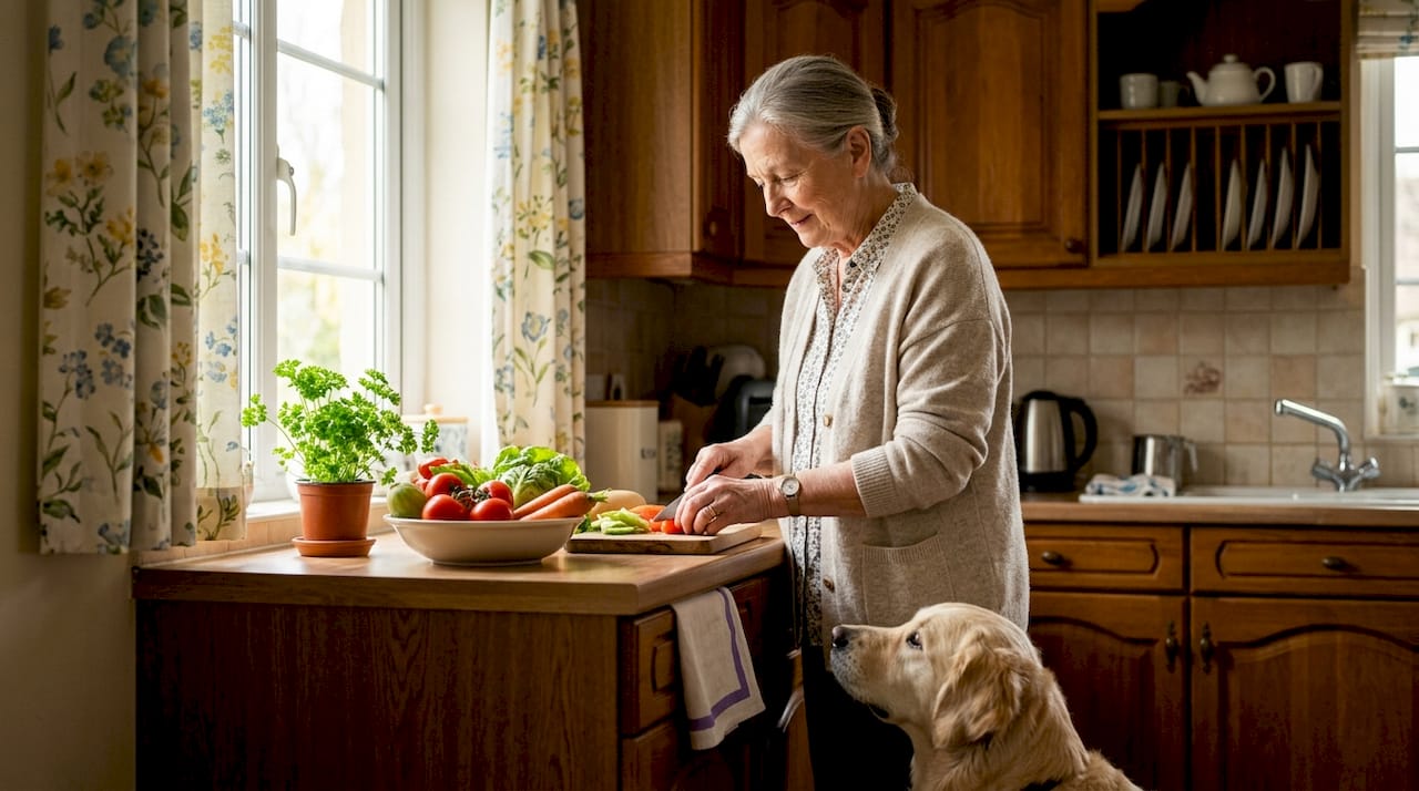 Senior woman sitting with pet dog indoors