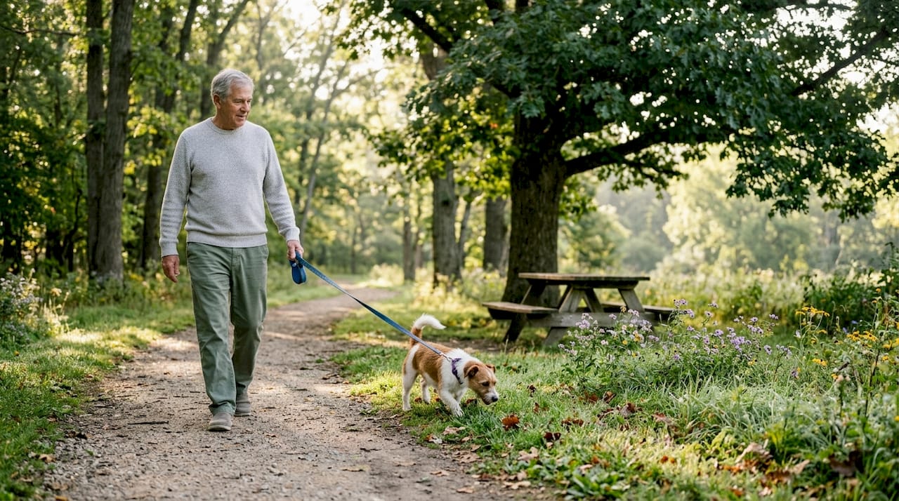 Older man walking dog on suburban sidewalk