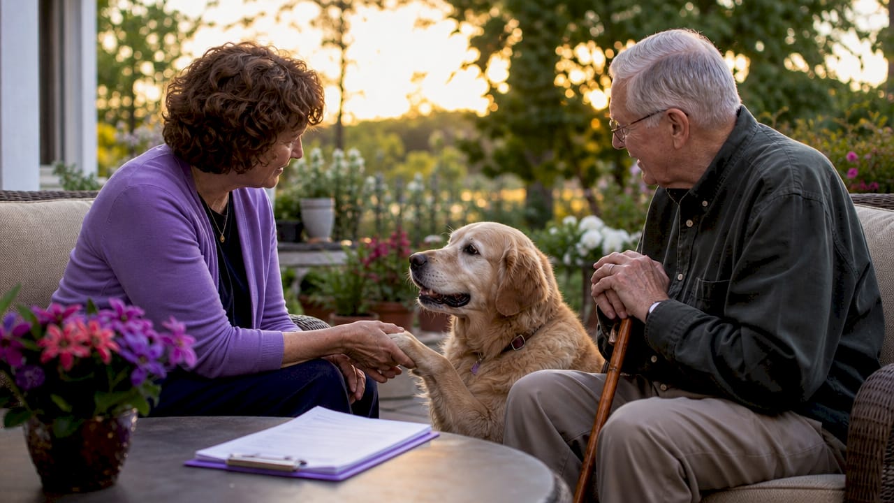 Social worker assists senior with pet care