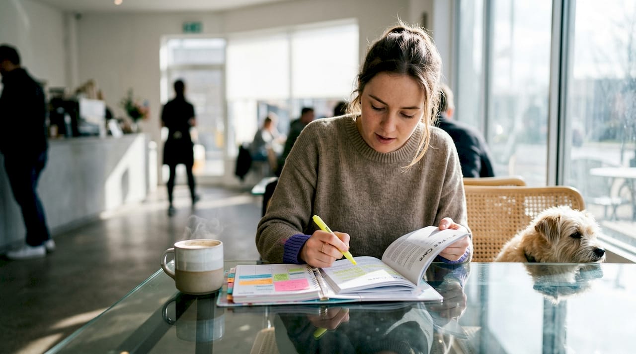 Woman planning responsible pet ownership at home