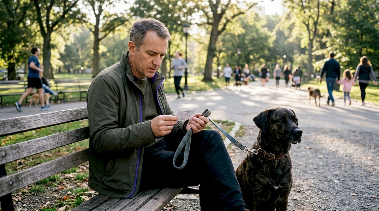Hands holding vet card and leash with dog nearby