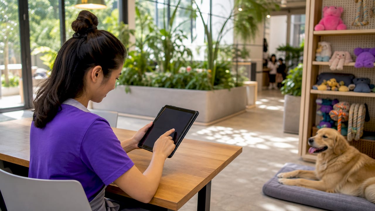 Pet care manager operating digital check-in tablet
