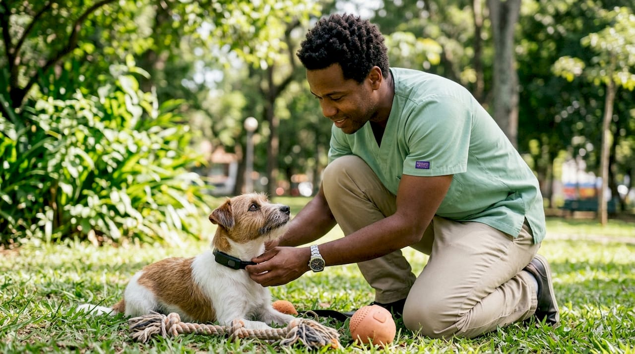 Vet fitting smart collar on terrier
