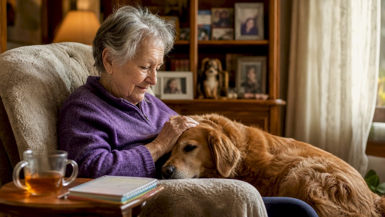 Senior woman reviewing pet care resources with dog