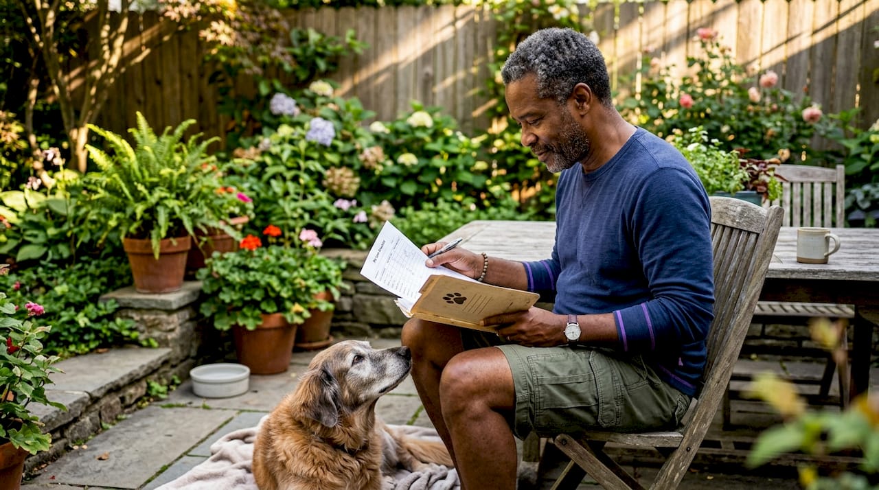 Senior man preparing veterinary care documents with dog waiting