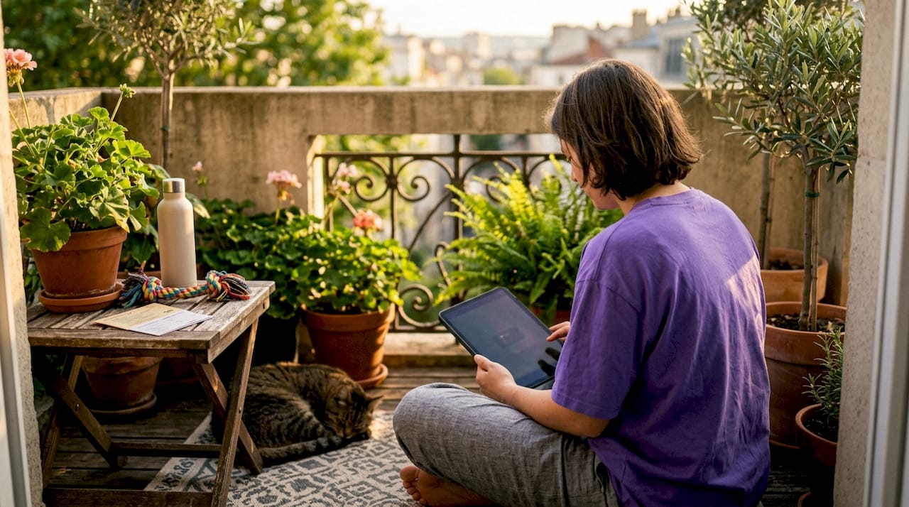 Hands setting up pet Medical ID on smartphone in home office