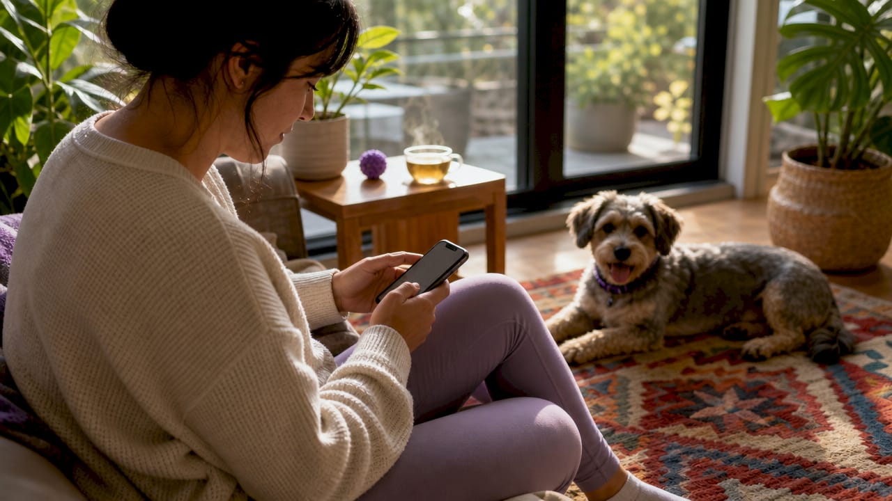 Woman using pet care app on smartphone with dog nearby