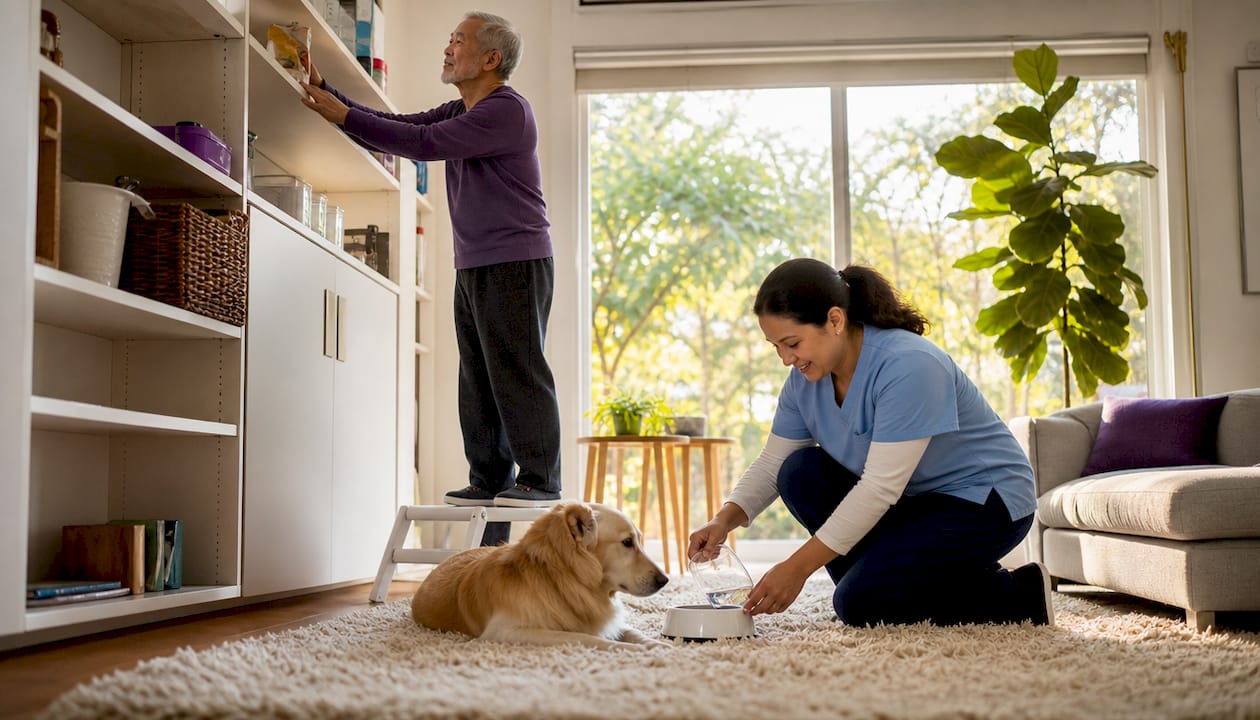 Home aide assisting with pet care tasks in kitchen