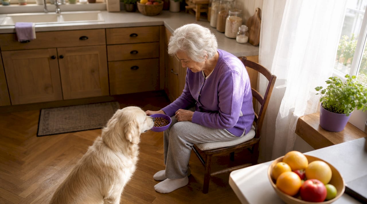 Home aide helping senior feed pet in living room