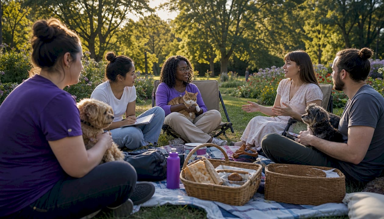 Pet owners in supportive group meeting with pets