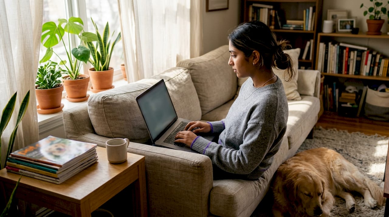 Woman engaging in online pet support forum