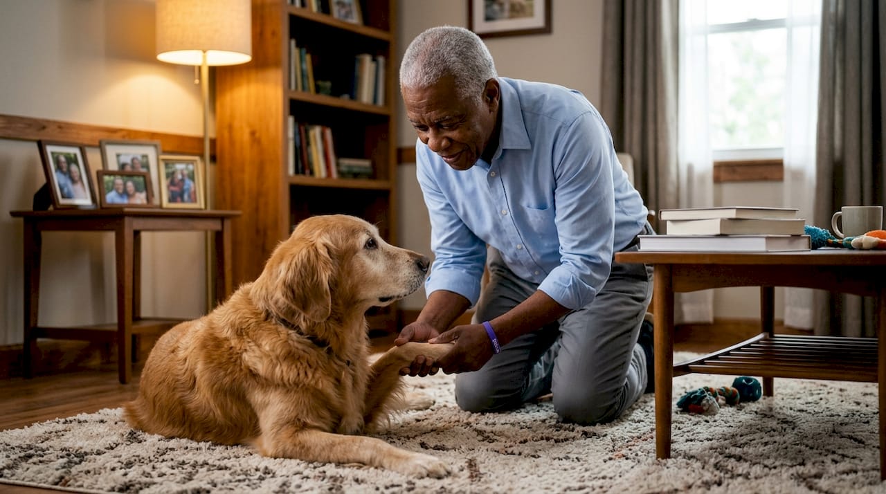 Veterinarian checking senior dog in exam room