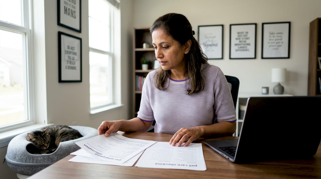 Woman reviewing pet emergency plan at home