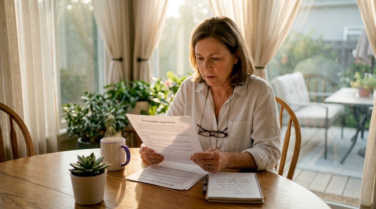 Woman reviewing pet caretaker agreement document