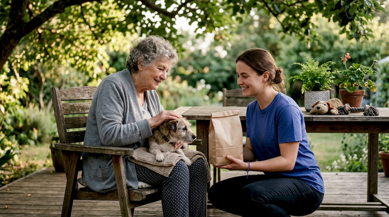 Senior woman receiving pet food support at home