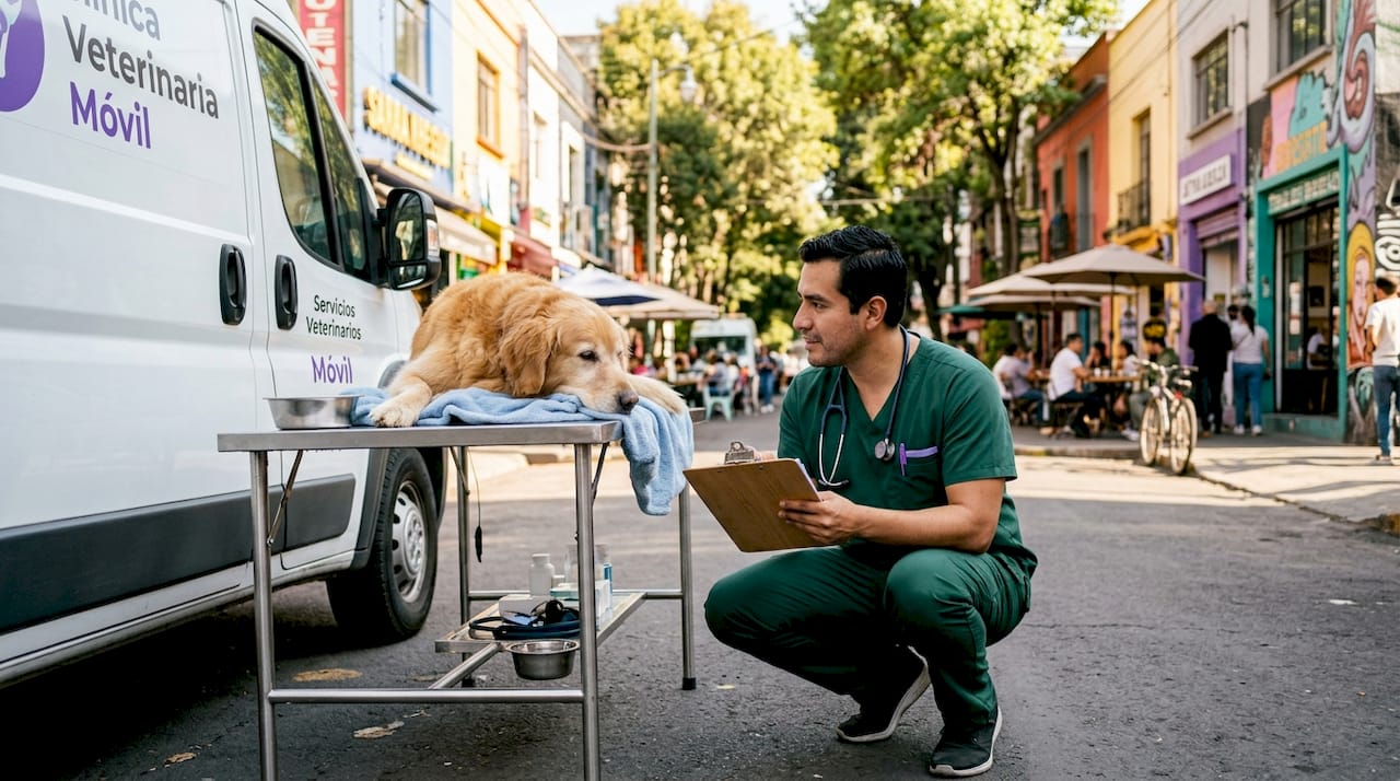 Veterinarian providing mobile care to senior dog outdoors