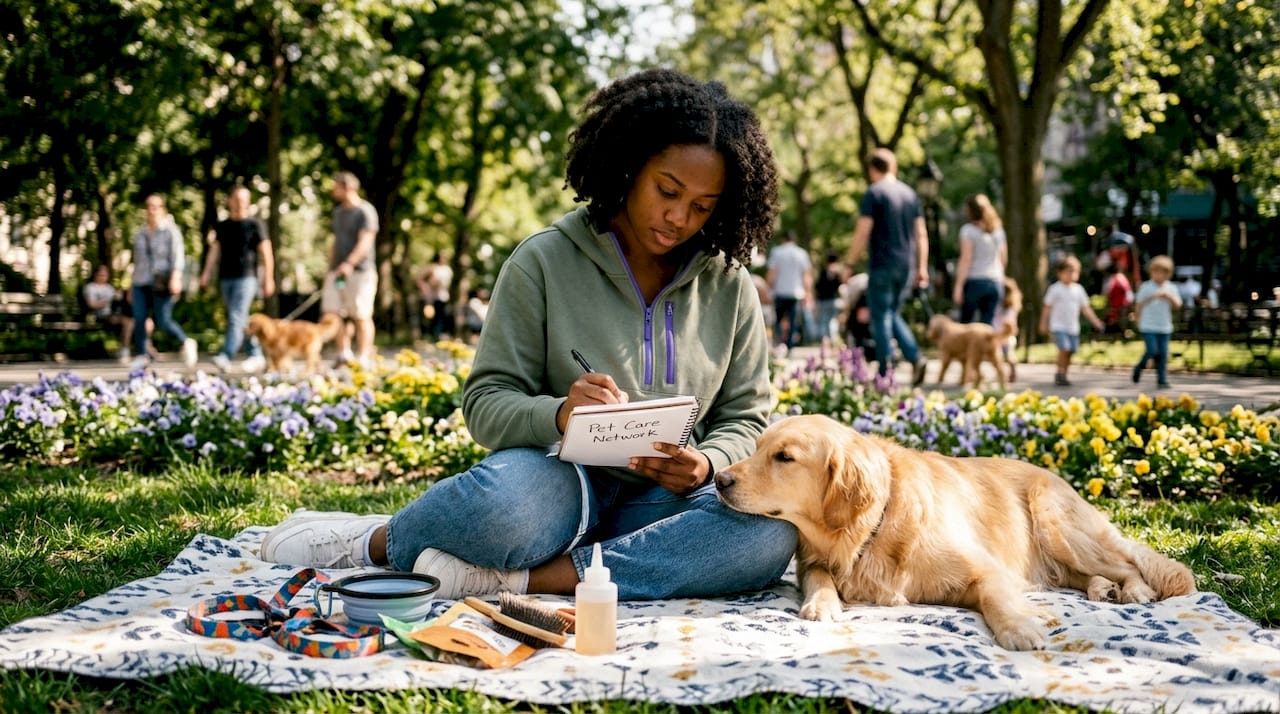 Woman creating pet care network plan at home