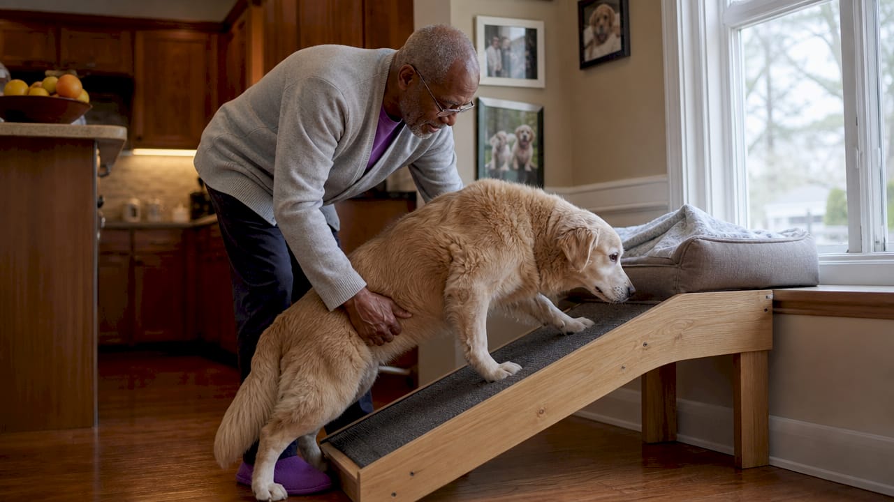 Elderly man helping aging dog on home ramp