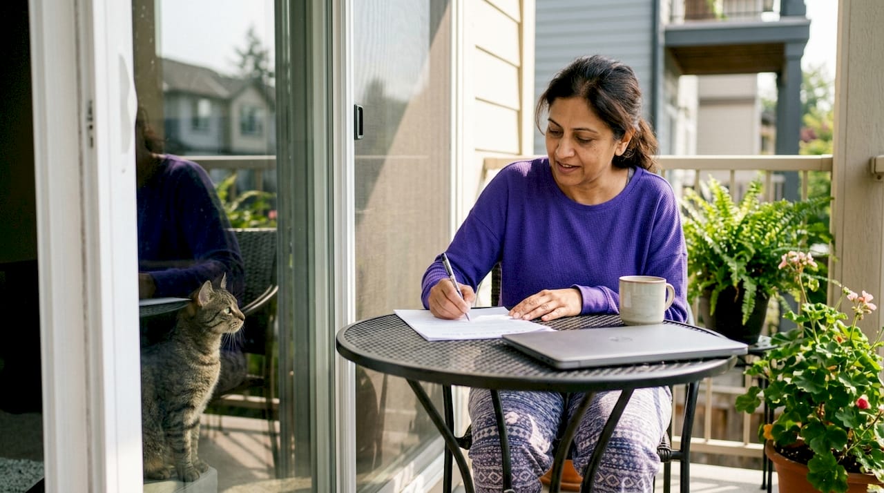 Solo woman completing pet care plan at home