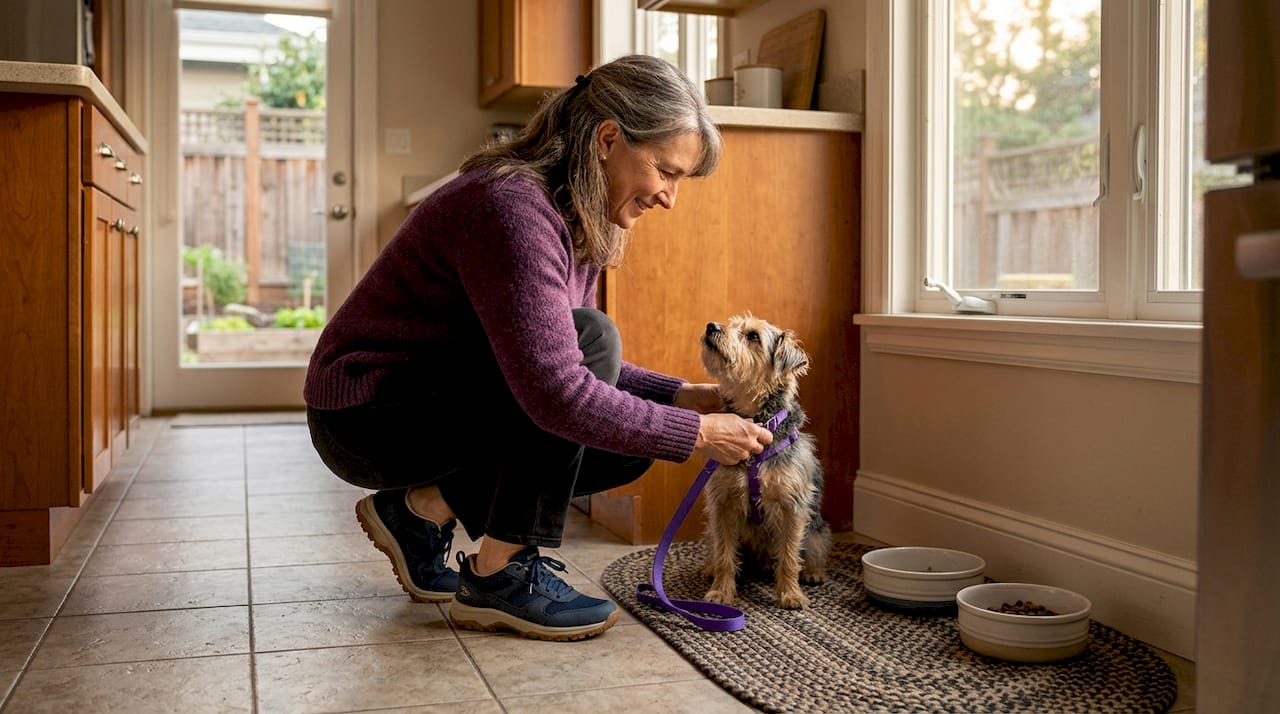 Woman preparing dog leash in safe home