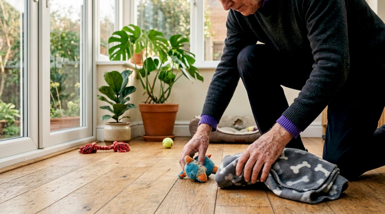 Hands picking up pet toys and leash indoors