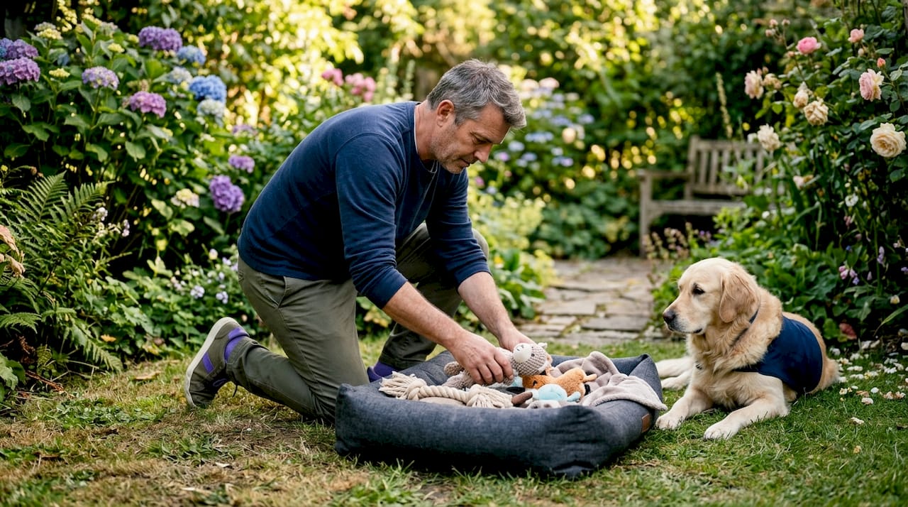 Man arranging therapy pet's calm home corner