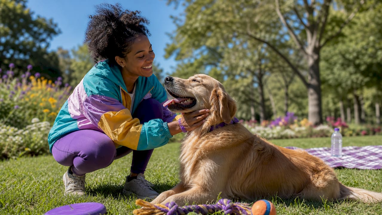 Volunteer petting golden retriever in shelter