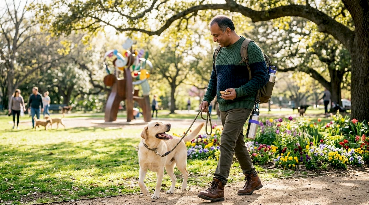 Volunteer walking Labrador dog in park