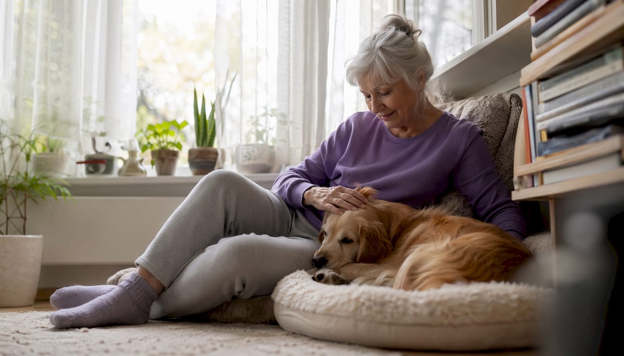 Senior woman petting dog in cozy living room