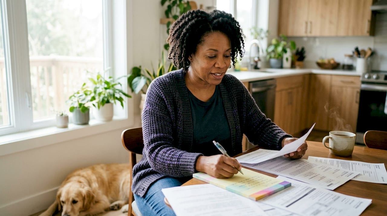 Woman organizing pet emergency documents at home