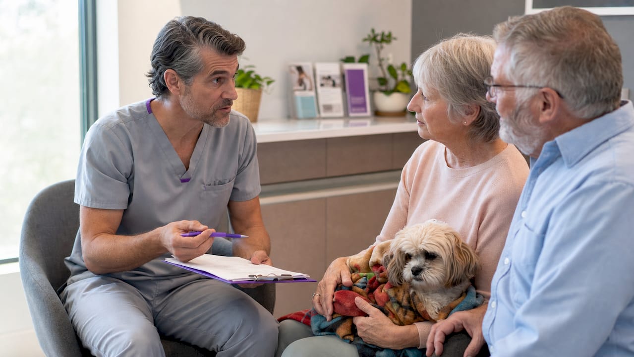 Vet discussing low-cost care with senior pet owners