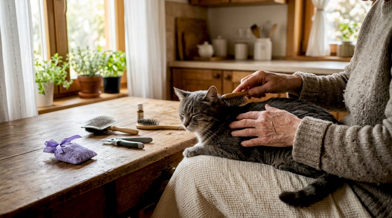 Senior hands grooming cat with affordable tools