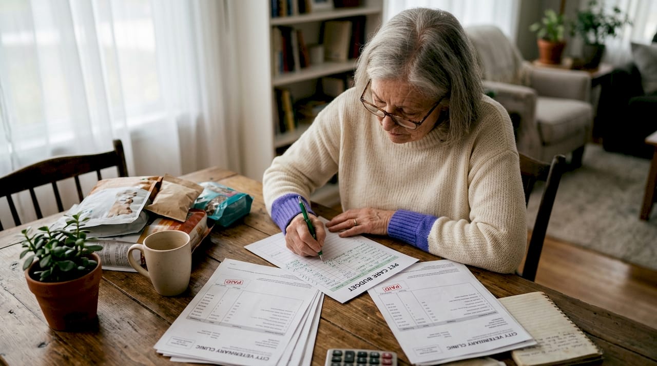 Senior woman budgeting pet care finances