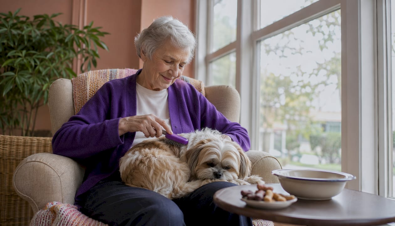 Senior woman caring for pet dog indoors