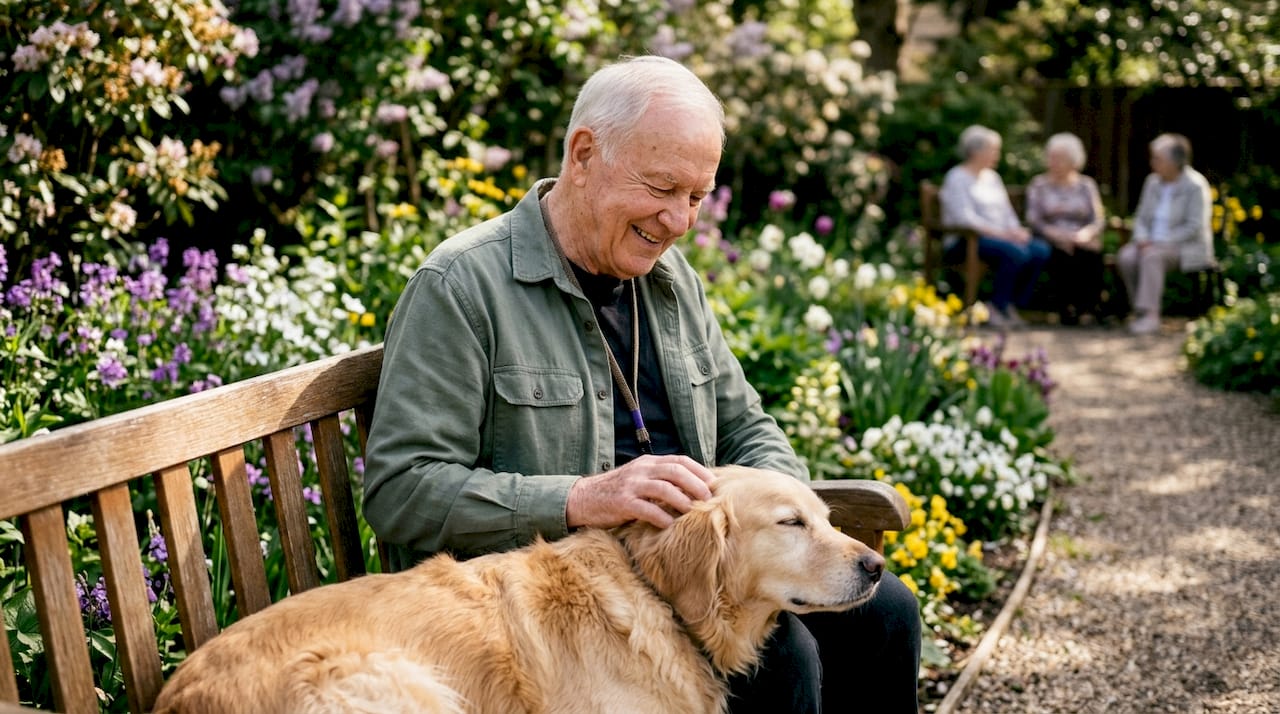 Senior man with therapy dog in lounge