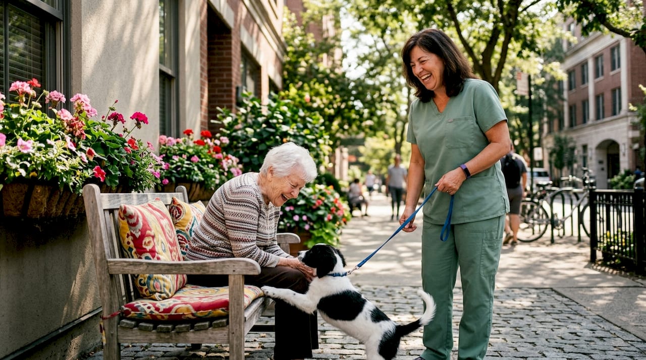 Caregiver helping senior woman with dog outdoors