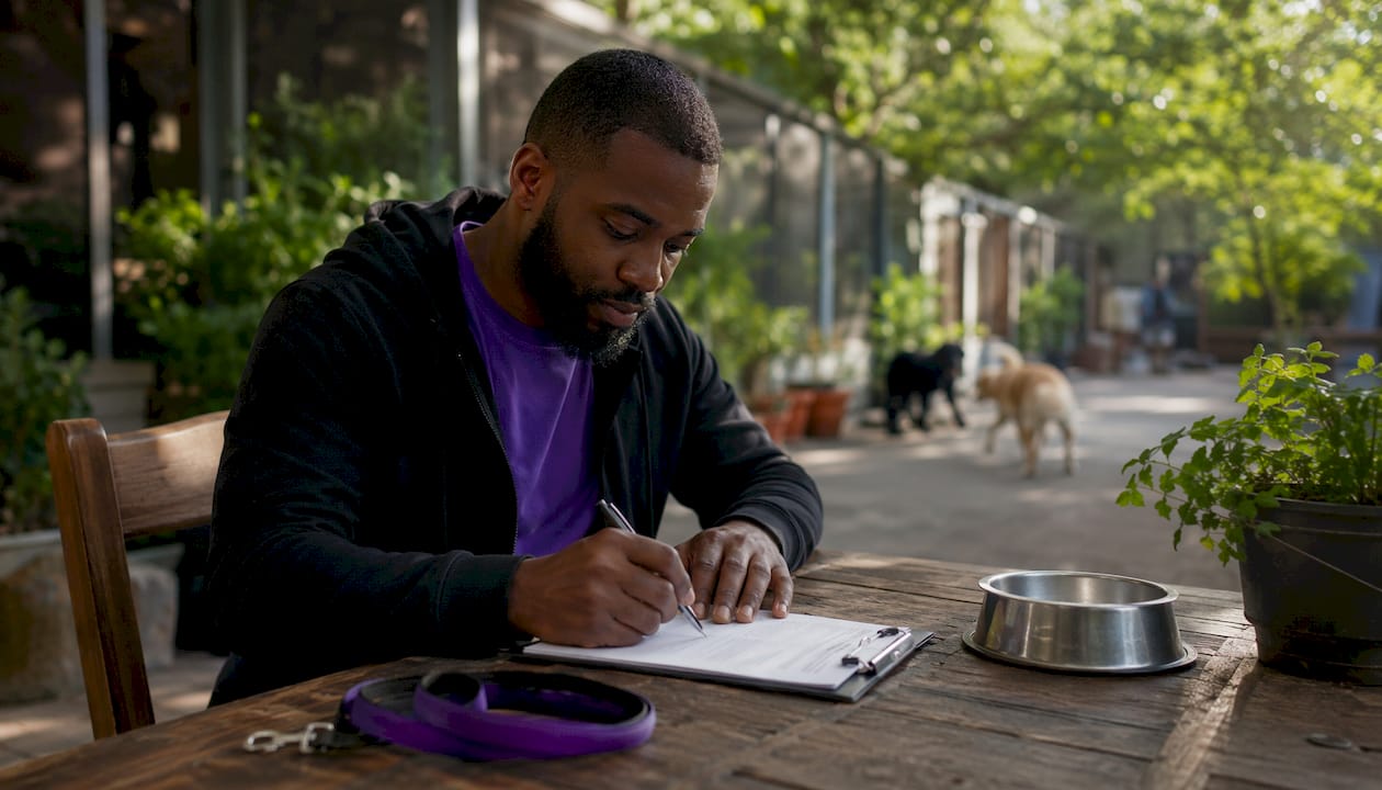 Hands signing pet care service agreement