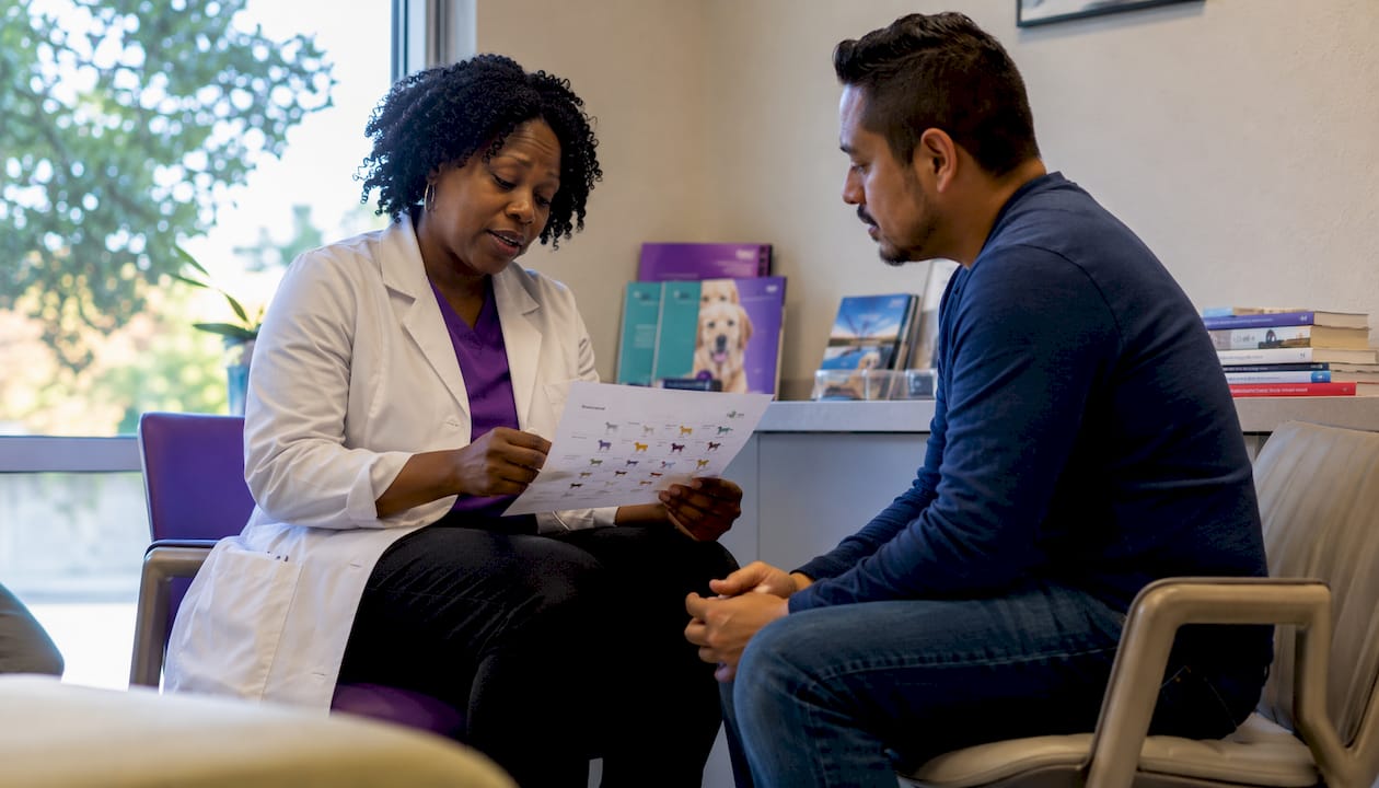 Vet and pet owner discussing continuity care plan
