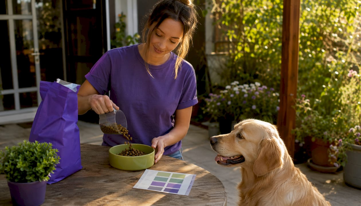 Hands measuring dog food with feeding instructions