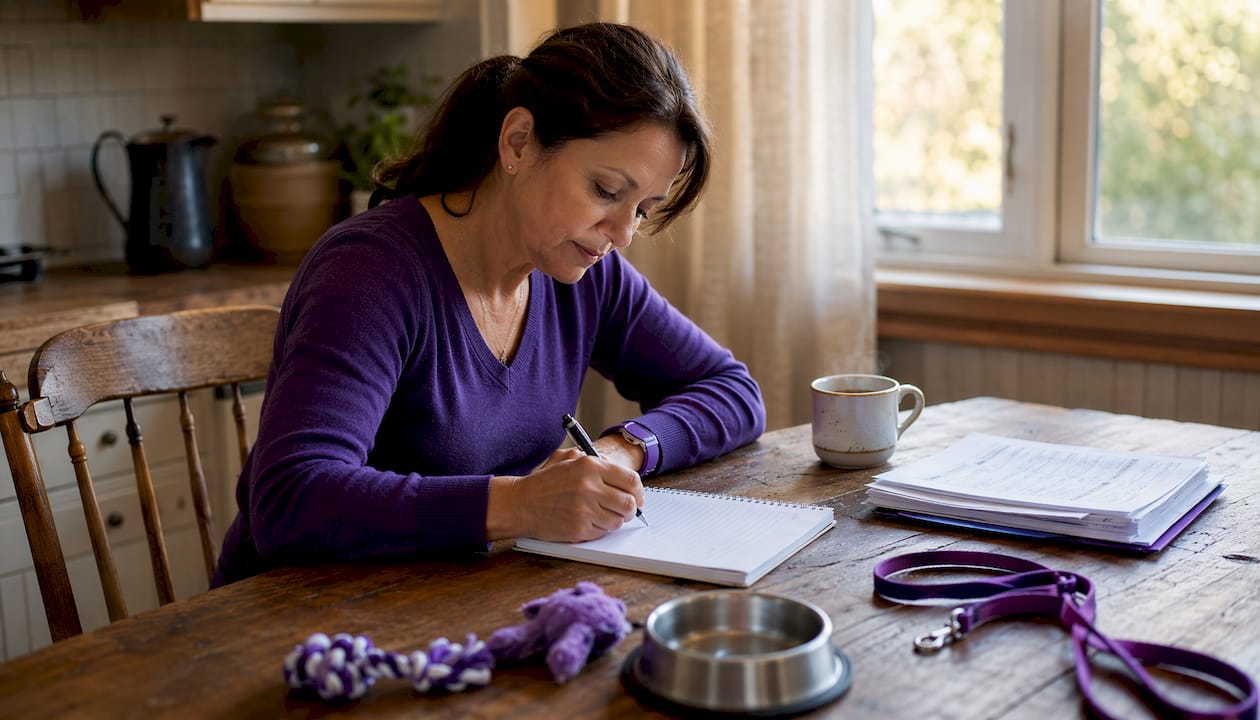 Woman writing pet care instructions at home table