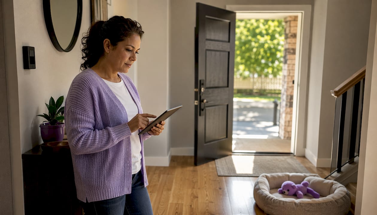 Woman setting up pet safety app at home
