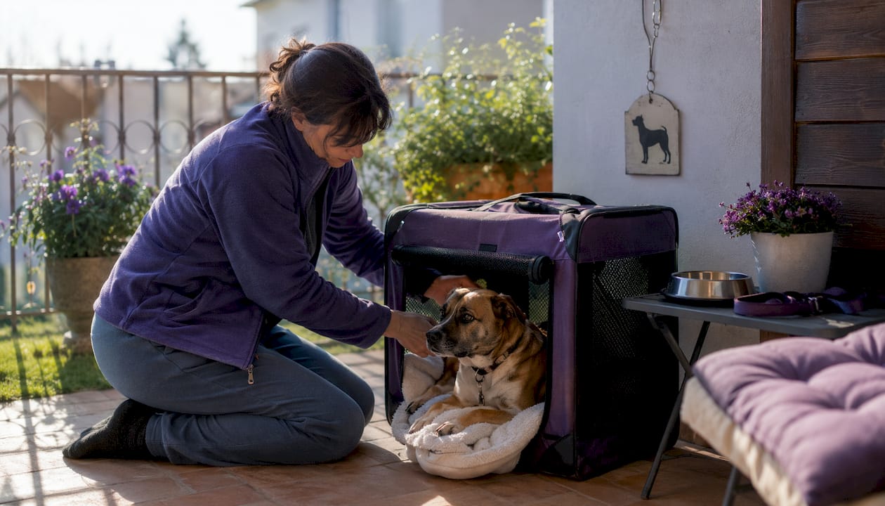 Woman securing dog safely in home crate