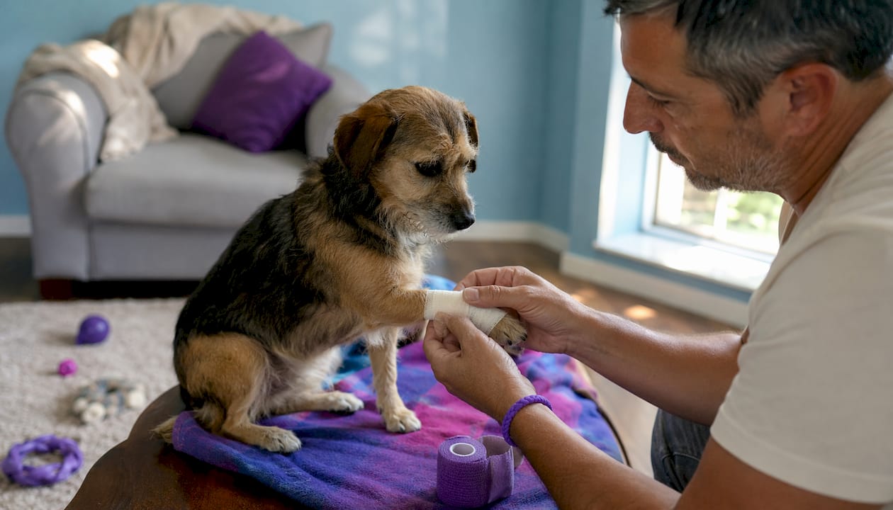 Hands applying first aid bandage to dog paw